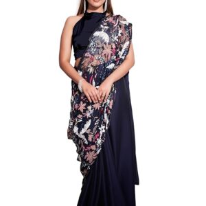 womanista women's crepe embroidered saree with un stitched blouse